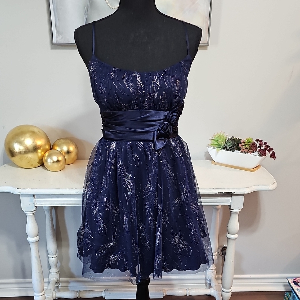 ✨ B. Smart Navy Blue Sparkly Glitter Cocktail Dress Rosette Waist 9
